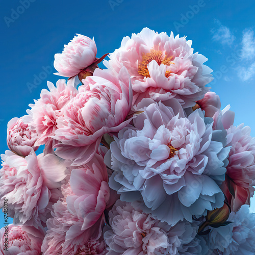 Elegance in Bloom: A Bouquet of Pink and White Peonies Against a Blue Canvas © Moon