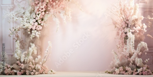 Wedding backdrop aesthetic flower decoration indoor interior decorated studio background photo