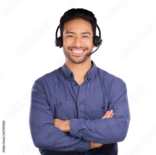 Man, call center and arms crossed for communication, customer support and e commerce service. Portrait of Asian agent or business consultation with contact us isolated on transparent, png background