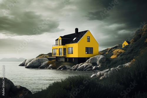House at the edge of the Danish fjord, AI generated