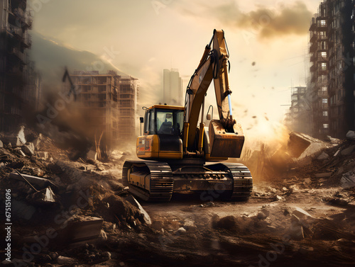 A powerful yellow digger excavates soil at a construction site, symbolizing progress in industry. photo