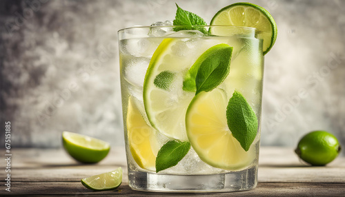 Cold cocktail with lime, lemon and ice in a glass on vintage background