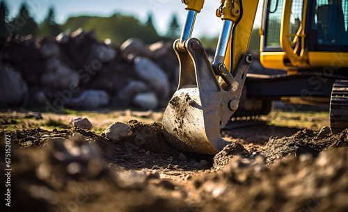 A powerful yellow digger excavates soil at a construction site, symbolizing progress in industry.