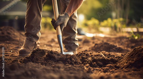 Close-up of a worker digging with a shovel, showcasing the manual effort involved in preparing the ground for planting. photo