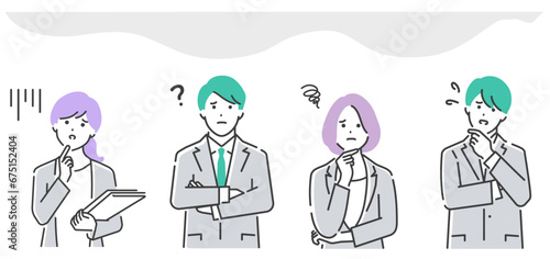 上を見上げて悩むビジネスパーソンのベクターイラスト素材。上半身。