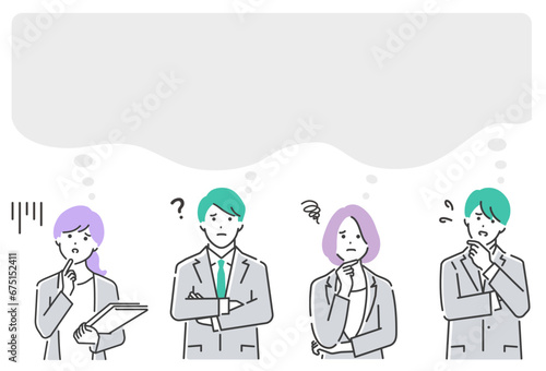 上を見上げて悩むビジネスパーソンのベクターイラスト素材。上半身。