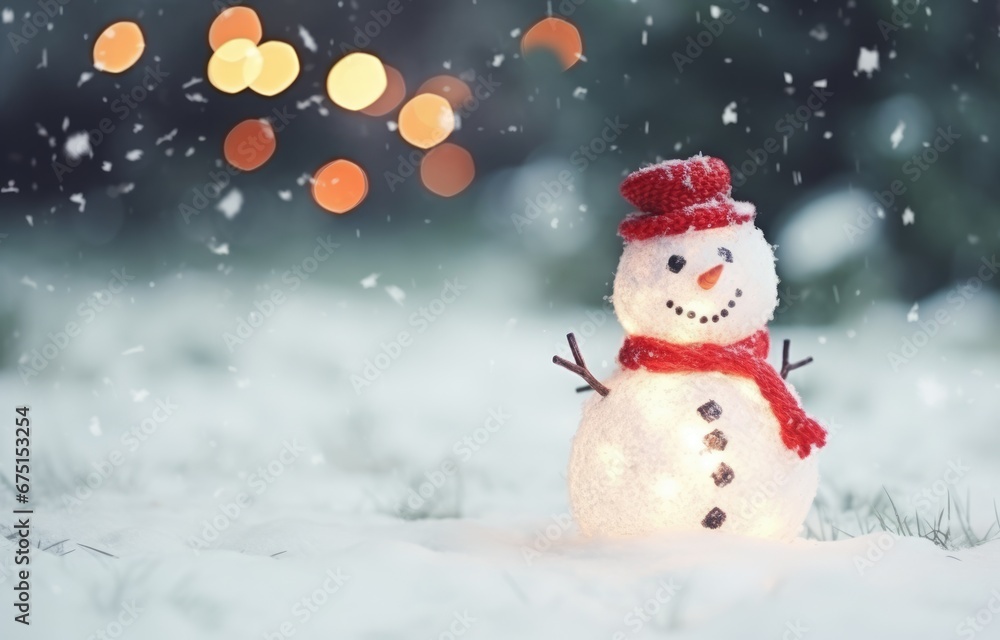 snowman stands in the snow against the backdrop of bright blurry bokeh lights. Christmas and Happy New Year background