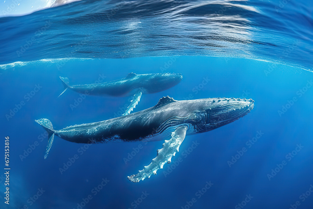 Fototapeta premium Oceanic Ballet: Humpback Whales Swimming Underwater