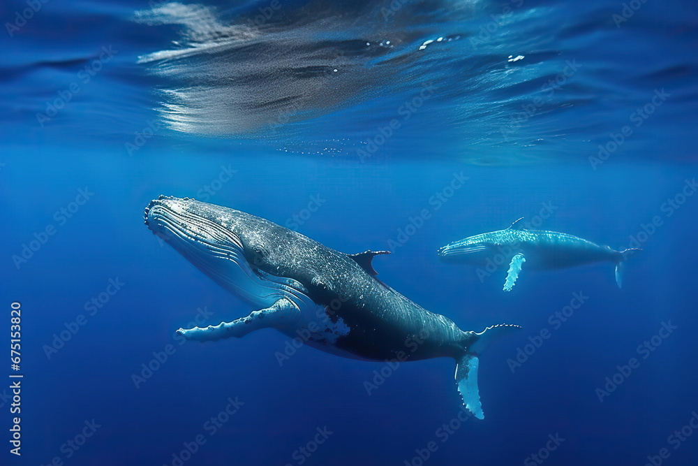 Fototapeta premium Oceanic Ballet: Humpback Whales Swimming Underwater