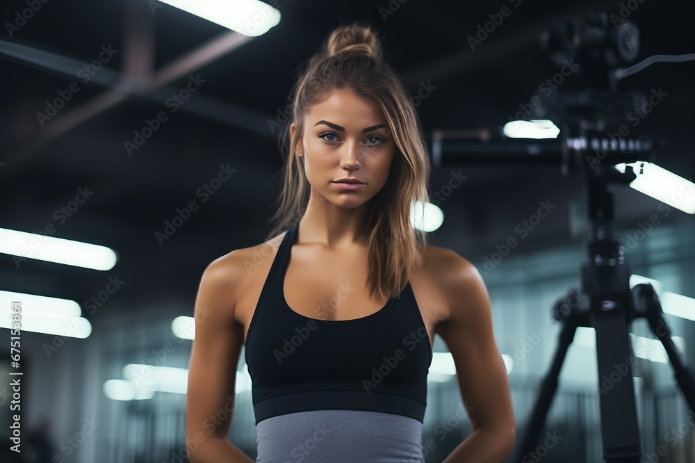 Fototapeta premium Portrait of young girl blogger trainer shooting fitness at gym
