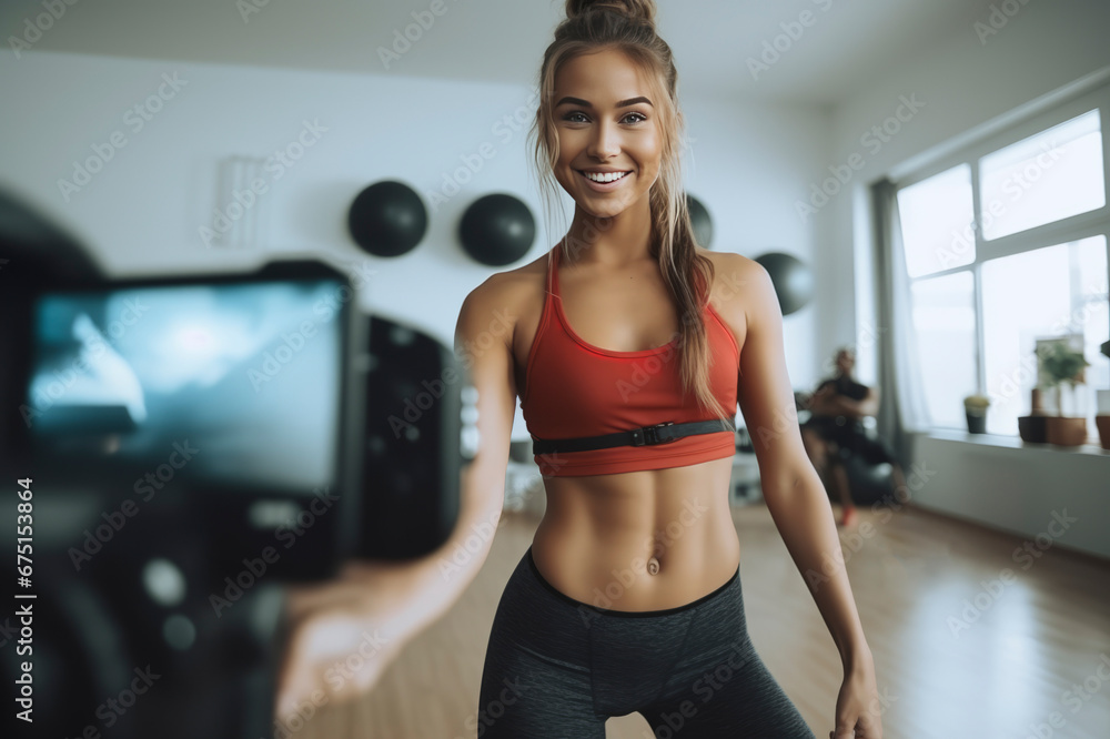 Young girl blogger shooting fitness at home