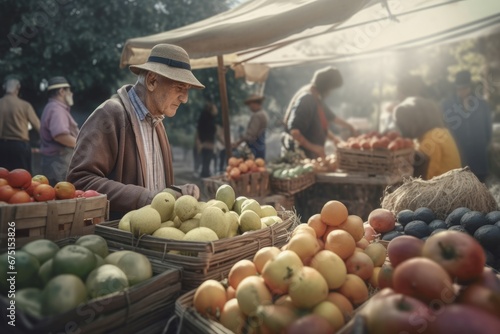 People choosing fresh organic fruits on the market. Consumer at ecological store choose natural vegetables. Generate ai