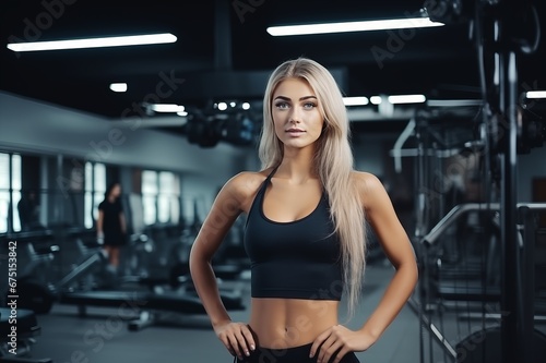 Portrait of young girl blogger trainer shooting fitness at gym