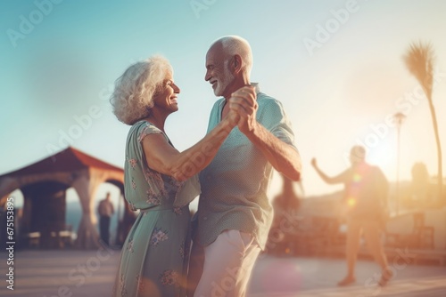 Elderly couple dancing on summer vacation. Happy active people romantic outdoor dance. Generate ai photo