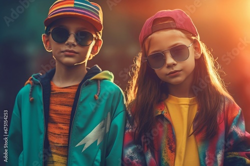 Fashionable children in colorful clothes wearing sunglasses. Cool little boy and girl posing in casual outfits. Generate ai photo