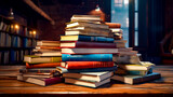 Stack of books sitting on top of wooden table next to window.