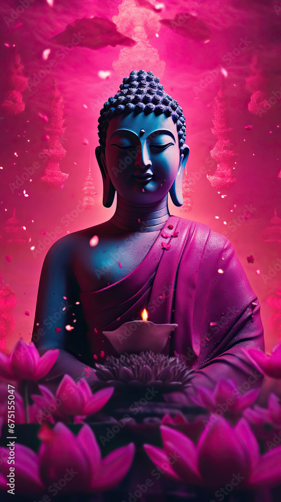 Serenity in Stone: A Buddha Statue Amidst Pink Lotus Flowers