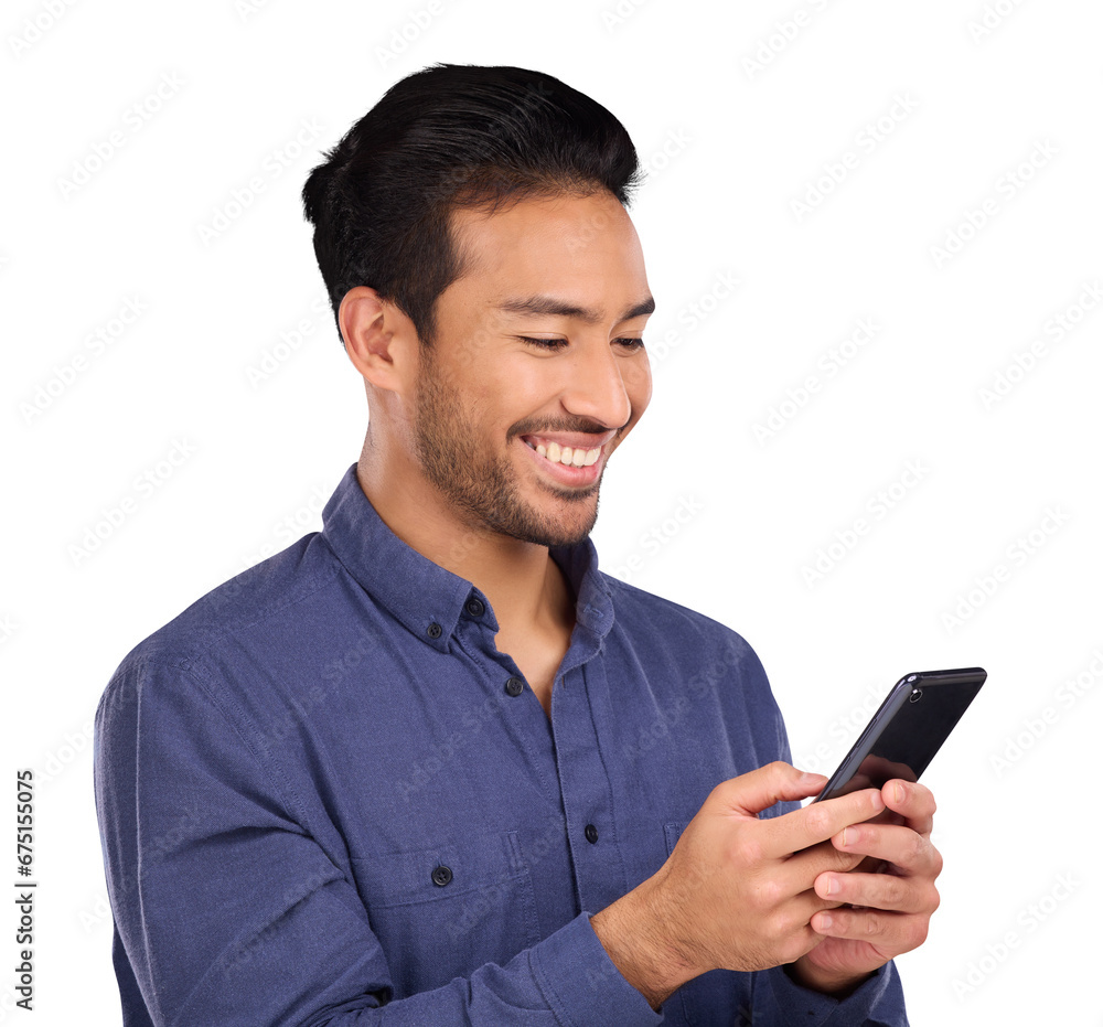 Smile, phone for networking and a business asian man isolated on transparent background for social media. Contact, communication or app with a happy young employee typing a mobile text message on PNG Smile, phone for networking and a business asian man isolated on transparent background for social media. Contact, communication or app with a happy young employee typing a mobile text message on PNG