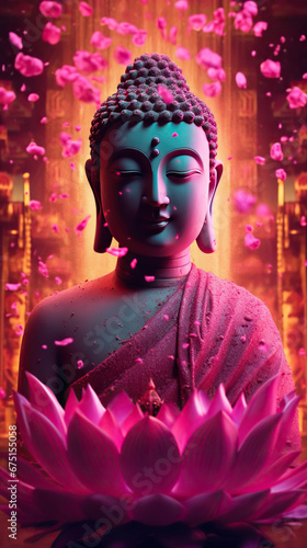 Serenity in Stone: A Buddha Statue Amidst Pink Lotus Flowers