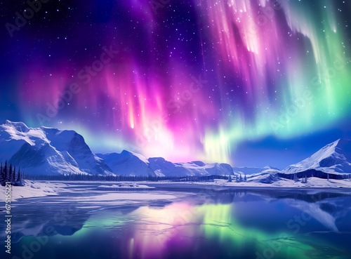 Aurora borealis on the Norway. Green northern lights above mountains. Night sky with polar lights. Night winter landscape with aurora and reflection on the water surface. Natural back