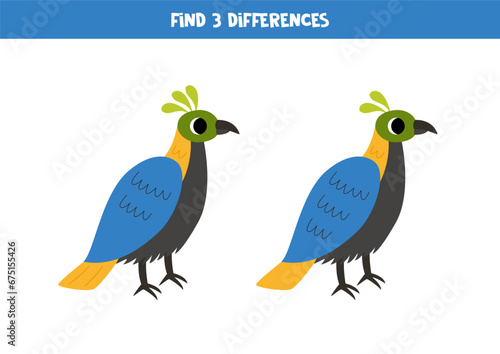 Find 3 differences between two cute cartoon monal birds.