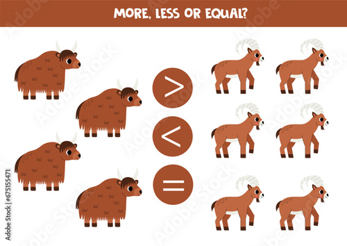 Grater  less or equal with cartoon yak and ibex.