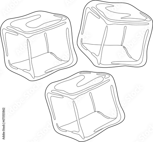 Ice cubes on white background. Vector black and white coloring page.