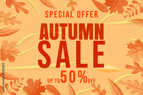 Banner Autumn Sale glued paper with wrinkles effect realistic, colorful leaves