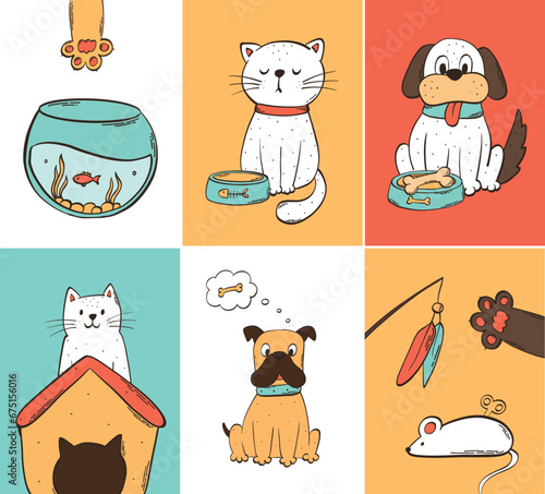 Set of prints, posters, cards with hand drawn pets, animals. Pet shop, veterinary wall art deocr, product prints, sublimation, etc. EPS 10