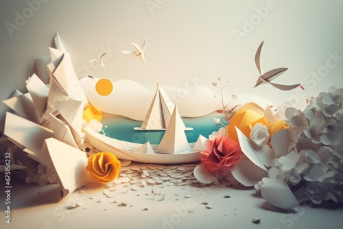 Masterpiece paper craft sea with boats. Handmade paper creativity with colorful figures. Generate ai photo