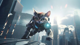 Cat wearing modern thief uniforms, jump from the high building. Generative AI
