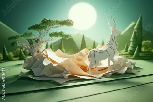 Origami masterpiece mountain landscape. Summer nature art paper scene. Generate Ai