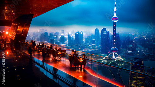 Group of people sitting at table with view of the city.