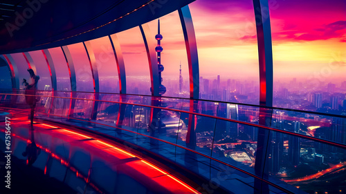 View of city from the top of building with red light.
