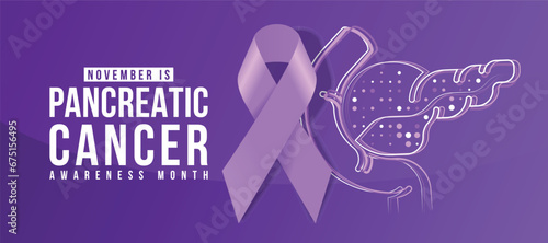 November, Pancreatic cancer awareness month - purple ribbon awareness sign on abstract line and dot pancreatic sign on purple gradient background vector design
