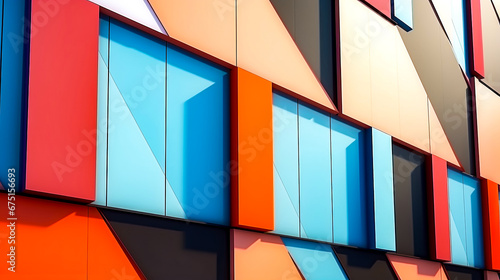 Close up of multicolored building with clock on it.