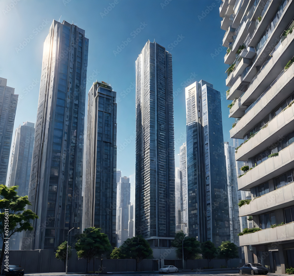 Modern Cityscape: High-Rise Buildings and Blue Sky. generative AI