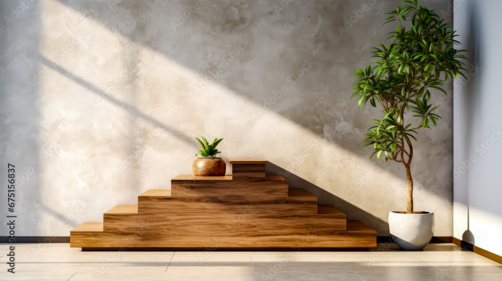 Potted plant sitting on top of wooden step next to potted plant. Potted plant sitting on top of wooden step next to potted plant.