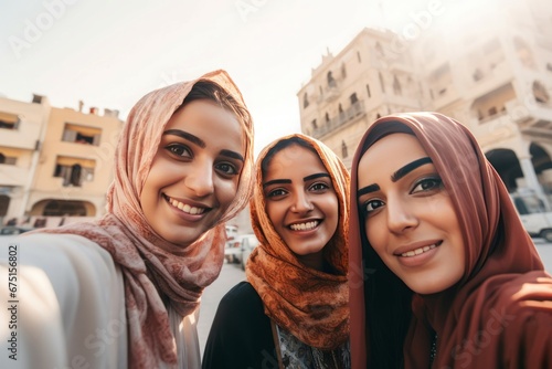 Wallpaper Mural Selfie of muslim woman group. Street city photo in sunny day. Generate Ai Torontodigital.ca