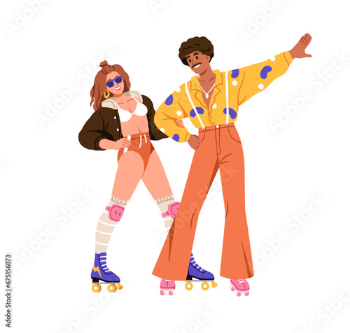 Retro skaters couple on roller skates. Happy man and woman in fashion apparel in 80s style. Young active people skating on rolling shoes. Flat vector illustration isolated on white background