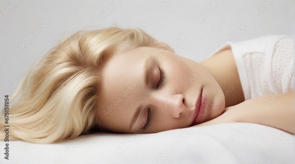 Portrait of a blonde hair white female sleeps tight against white background with space for text, generative AI, background image Portrait of a blonde hair white female sleeps tight against white background with space for text, generative AI, background image