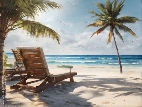 Tropical Bliss: Sun Lounger by Palm-Fringed Sandy Beach. generative AI © EVISUAL