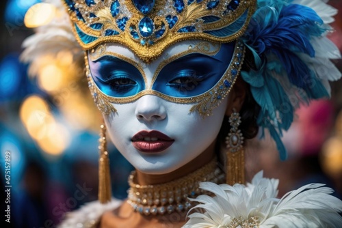 Carnival Masquerade portrait, Enigmatic beauty in a blue feathered masquerade mask. Woman in mask during Carnival party parade