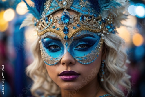 Carnival Masquerade portrait, Enigmatic beauty in a blue feathered masquerade mask. Woman in mask during Carnival party parade © PAOLO