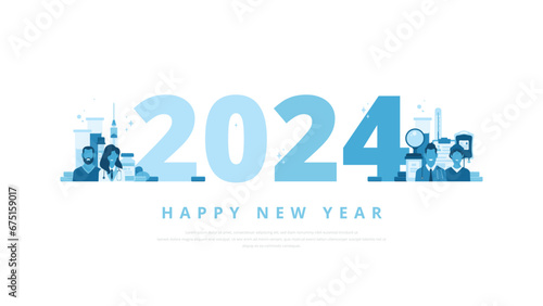 Happy new year 2024 greeting concept with medical professionals such as doctors, nurses and medical assistants. Suitable for hospitals, clinics or any other healthcare and pharmaceutical company