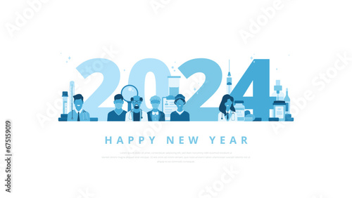 Happy new year 2024 greeting concept with medical professionals such as doctors, nurses and medical assistants. Suitable for hospitals, clinics or any other healthcare and pharmaceutical company photo