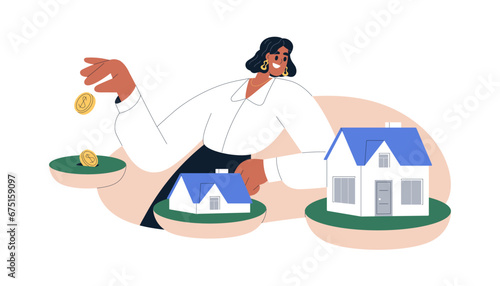 Investing in real estate. Property investment, business concept. Investor, finance expert buying and building houses. Home, apartments owner. Flat vector illustration isolated on white background