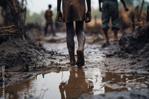 The feet of a dark-skinned child in a puddle of mud. Generated by artificial intelligence