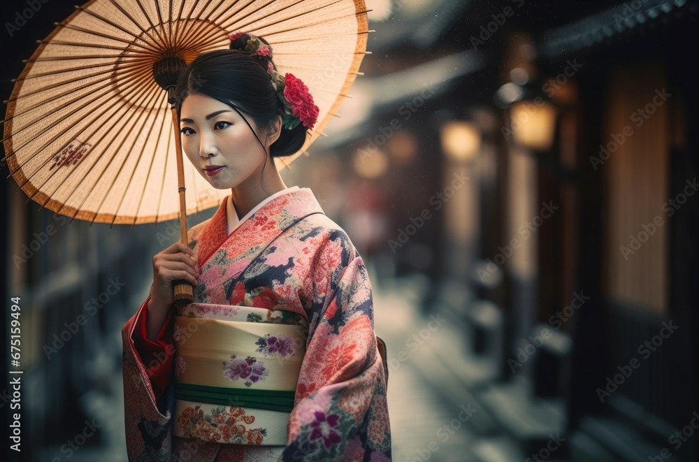 Fototapeta premium Japanese woman with umbrella. Person female street photo shot. Generate Ai