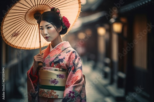 Japanese woman with umbrella. Person female street photo shot. Generate Ai